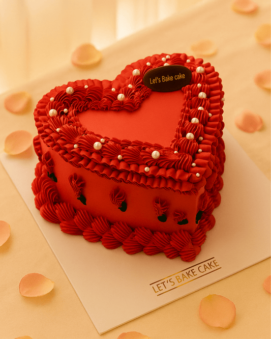 A luxury heart-shaped vintage piped cake in vibrant red with white pearls by Let's Bake Cake Abu Dhabi.