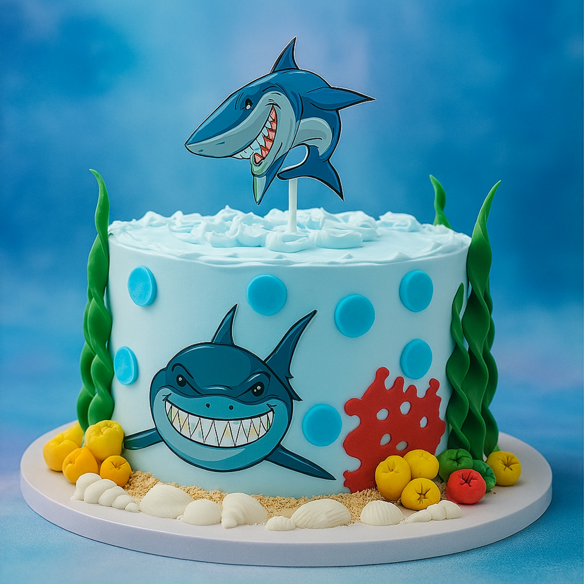 A sky-blue shark themed birthday cake with wave frosting, edible coral, and seashells by Let's Bake Cake Abu Dhabi