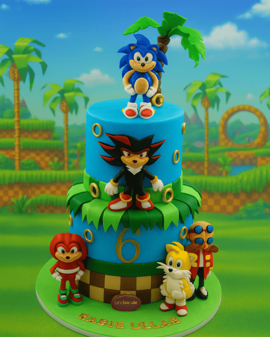 A luxury two-tier Sonic the Hedgehog themed birthday cake with 3D characters like Sonic, Shadow, and Tails by Let's Bake Cake Abu Dhabi
