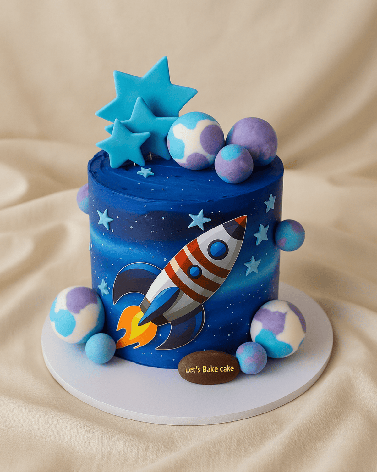 A deep blue galaxy-themed birthday cake featuring a rocket, 3D stars, and marble-effect planets by Let's Bake Cake Abu Dhabi.