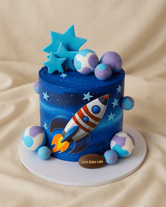 A deep blue galaxy-themed birthday cake featuring a rocket, 3D stars, and marble-effect planets by Let's Bake Cake Abu Dhabi.