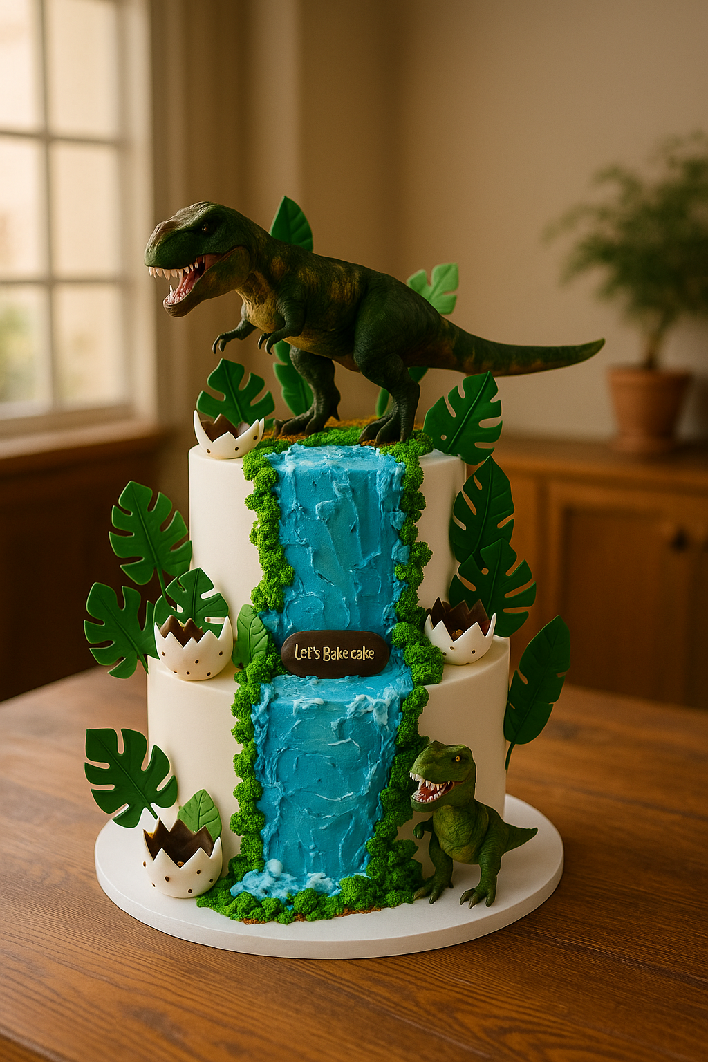 A luxury two-tiered dinosaur themed birthday cake with a blue waterfall, T-Rex figurines, and hatching eggs by Let's Bake Cake Abu Dhabi.