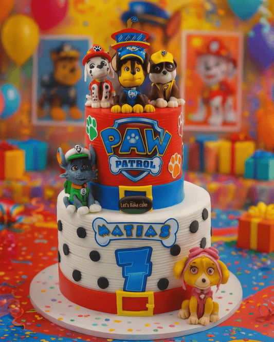 A grand two-tier PAW Patrol themed birthday cake with 3D Chase, Marshall, and Skye figurines by Let's Bake Cake Abu Dhabi.