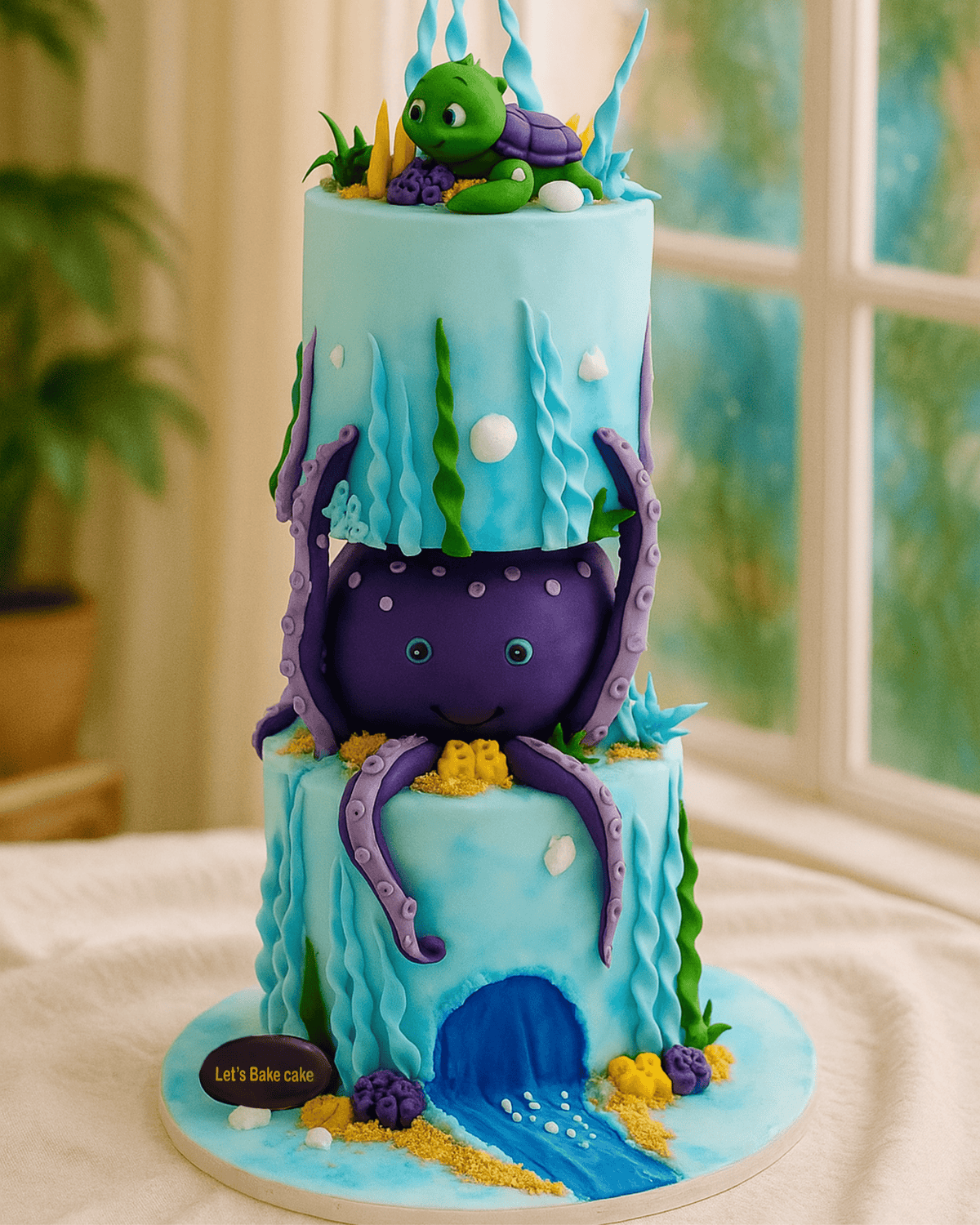 A luxury three-tier under-the-sea themed birthday cake with a 3D octopus, sea turtle, and coral details by Let's Bake Cake Abu Dhabi.