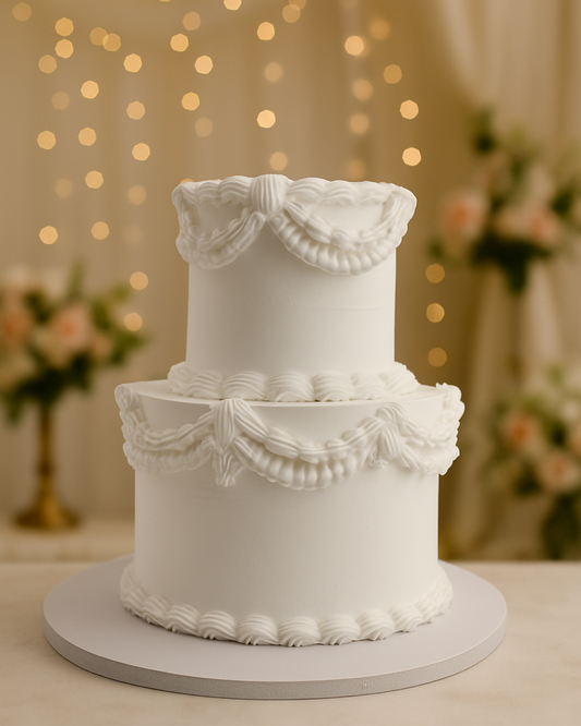 A luxury two-tier all-white vintage Lambeth-style piped wedding cake by Let's Bake Cake Abu Dhabi