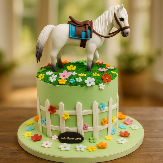 A luxury light green birthday cake featuring a 3D white horse topper, a white picket fence, and colorful flowers by Let's Bake Cake Abu Dhabi.