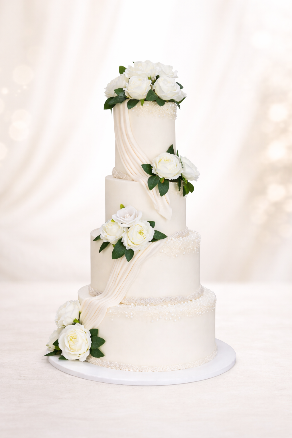Elegant 4-tier white wedding cake decorated with fresh white roses and pearl detailing, handcrafted by Let's Bake Cake in Abu Dhabi, UAE
