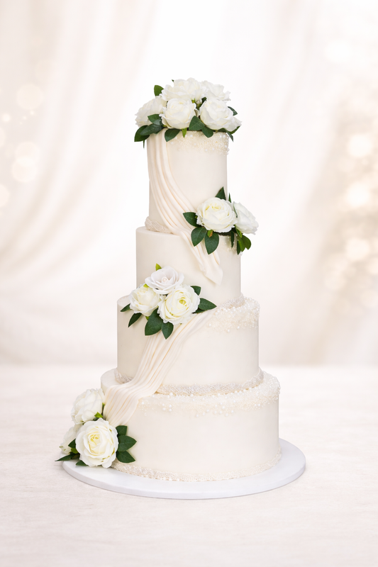 Elegant 4-tier white wedding cake decorated with fresh white roses and pearl detailing, handcrafted by Let's Bake Cake in Abu Dhabi, UAE