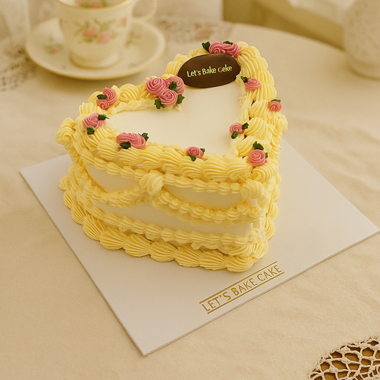 A luxury heart-shaped vintage piped cake in pale yellow with tiny pink roses by Let's Bake Cake Abu Dhabi.