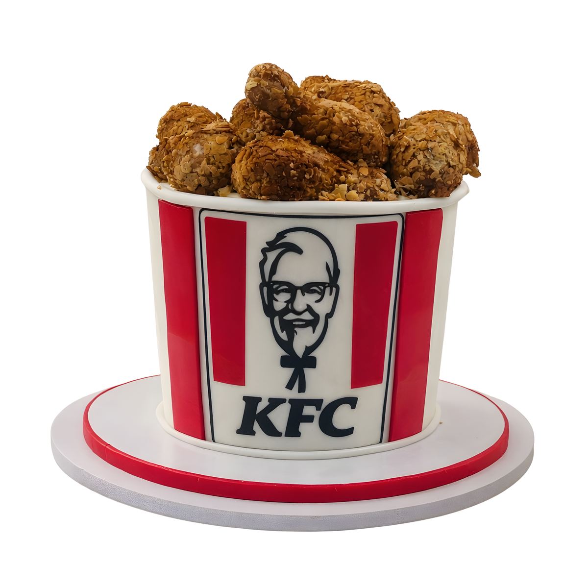 A hyper-realistic KFC fried chicken bucket theme cake with edible fondant drumsticks and Colonel Sanders logo by Let's Bake Cake Abu Dhabi.