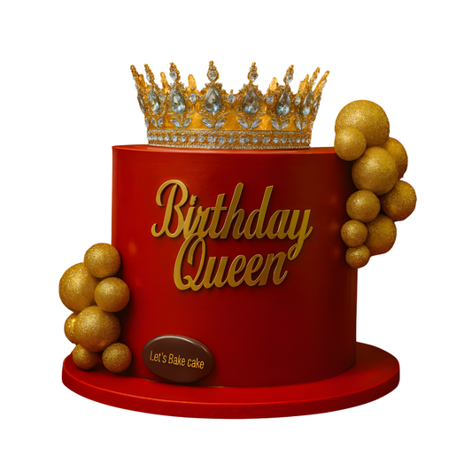 A luxury dark red birthday cake with a large gold crown, golden glitter spheres, and a 'Birthday Queen' topper by Let's Bake Cake Abu Dhabi.