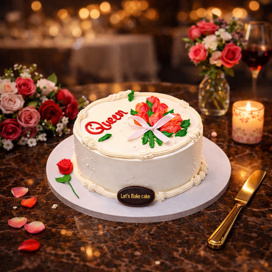 A luxury white cake with 'Queen' written in red and hand-piped red roses, set on a marble table with candles and rose petals, by Let's Bake Cake Abu Dhabi.
