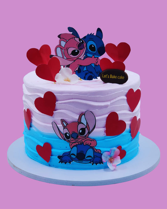 A pink and blue wave-textured birthday cake featuring Stitch and Angel characters and red hearts by Let's Bake Cake Abu Dhabi.