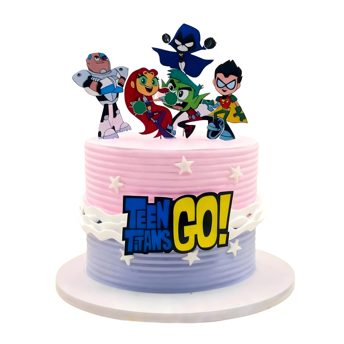 A colorful Teen Titans Go! themed birthday cake with pink and purple ridged frosting and character toppers by Let's Bake Cake Abu Dhabi.