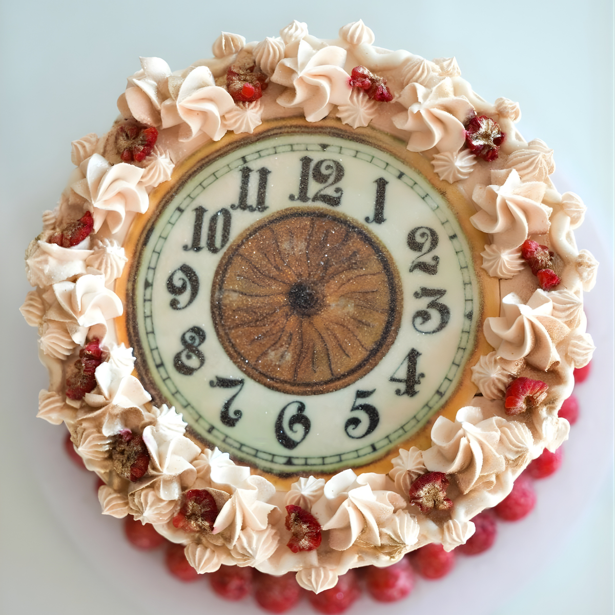 A high-definition top view of a vintage clock cake showing detailed buttercream swirls and gold-dusted accents by Let's Bake Cake Abu Dhabi