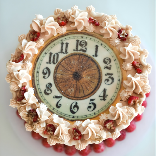 A high-definition top view of a vintage clock cake showing detailed buttercream swirls and gold-dusted accents by Let's Bake Cake Abu Dhabi