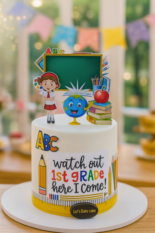 A white school-themed birthday cake with 'Watch out 1st Grade' message, featuring a globe, books, and chalkboard toppers by Let's Bake Cake Abu Dhabi.