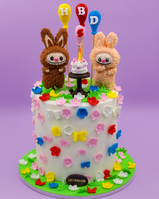 A white birthday cake decorated with colorful fondant flowers, butterflies, and two 3D textured bunny characters by Let's Bake Cake Abu Dhabi.
